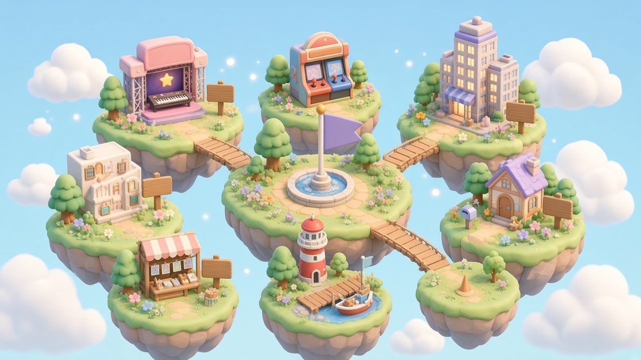 Illustrated map of floating islands joined by wooden bridges